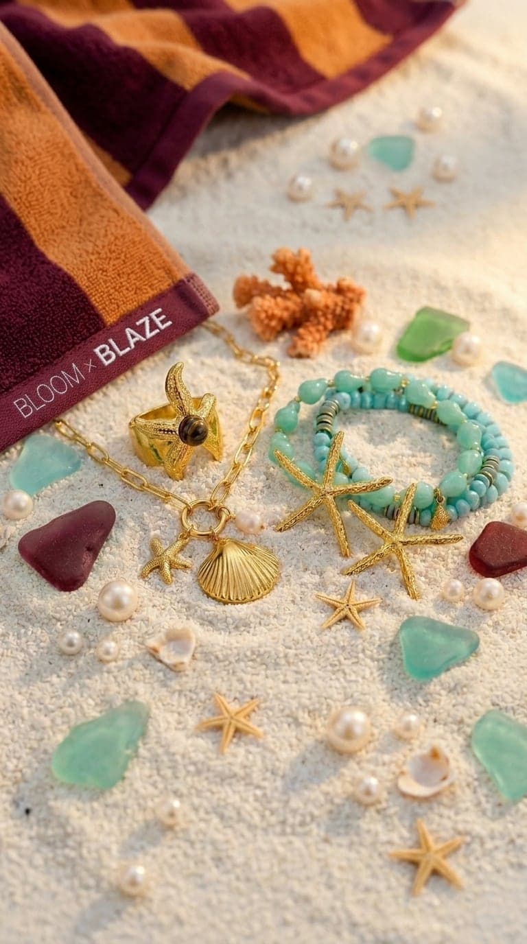 Bloom × Blaze — collection Ocean Muse, bijoux dorés (étoile de mer, coquillage) sur le sable avec perles et verre de mer
