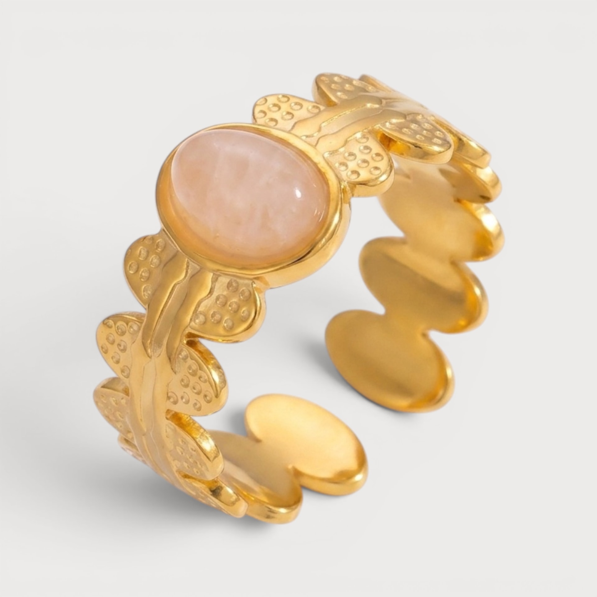 Bague à feuilles et pierre en acier inoxydable doré