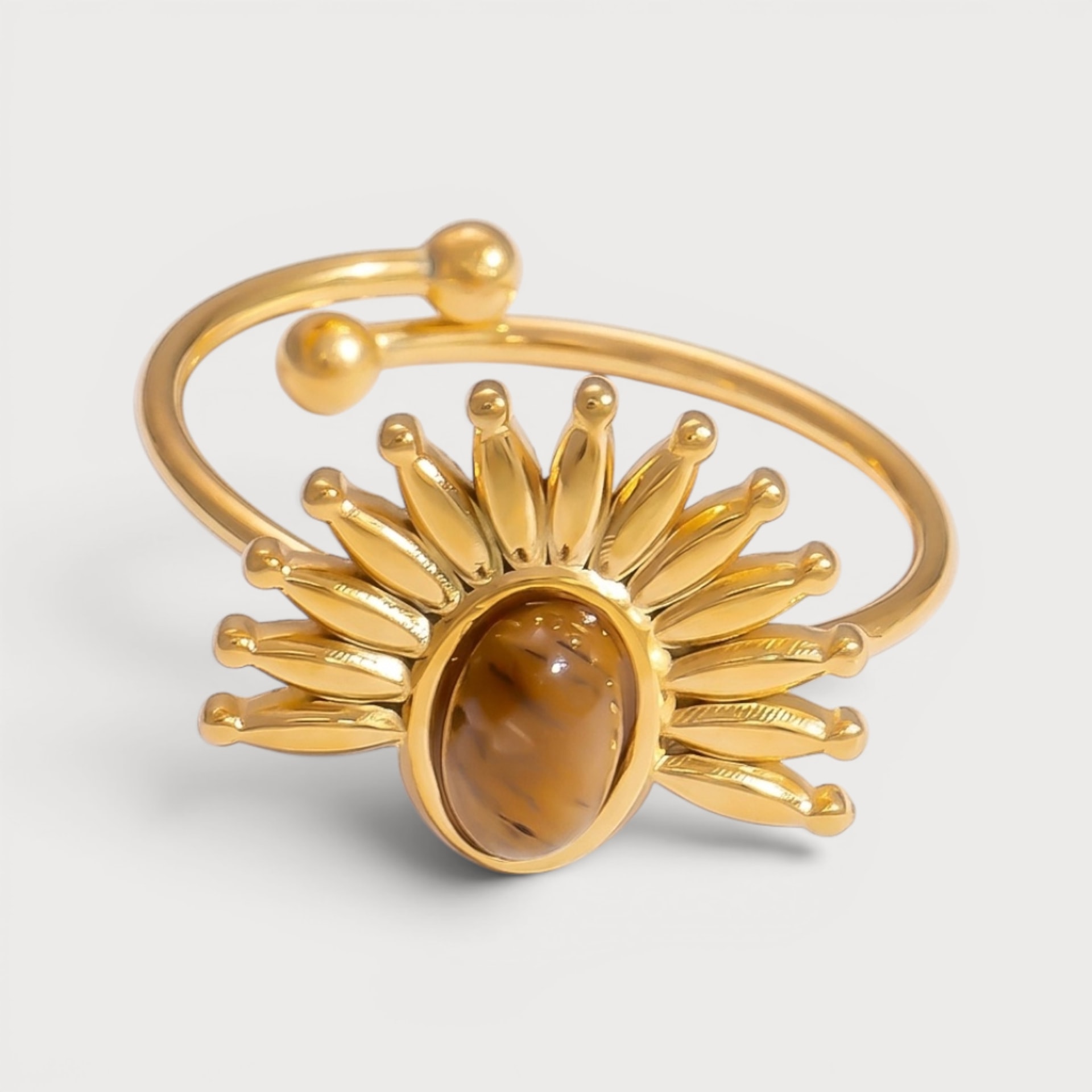 Bague solaire à pierre en acier inoxydable doré
