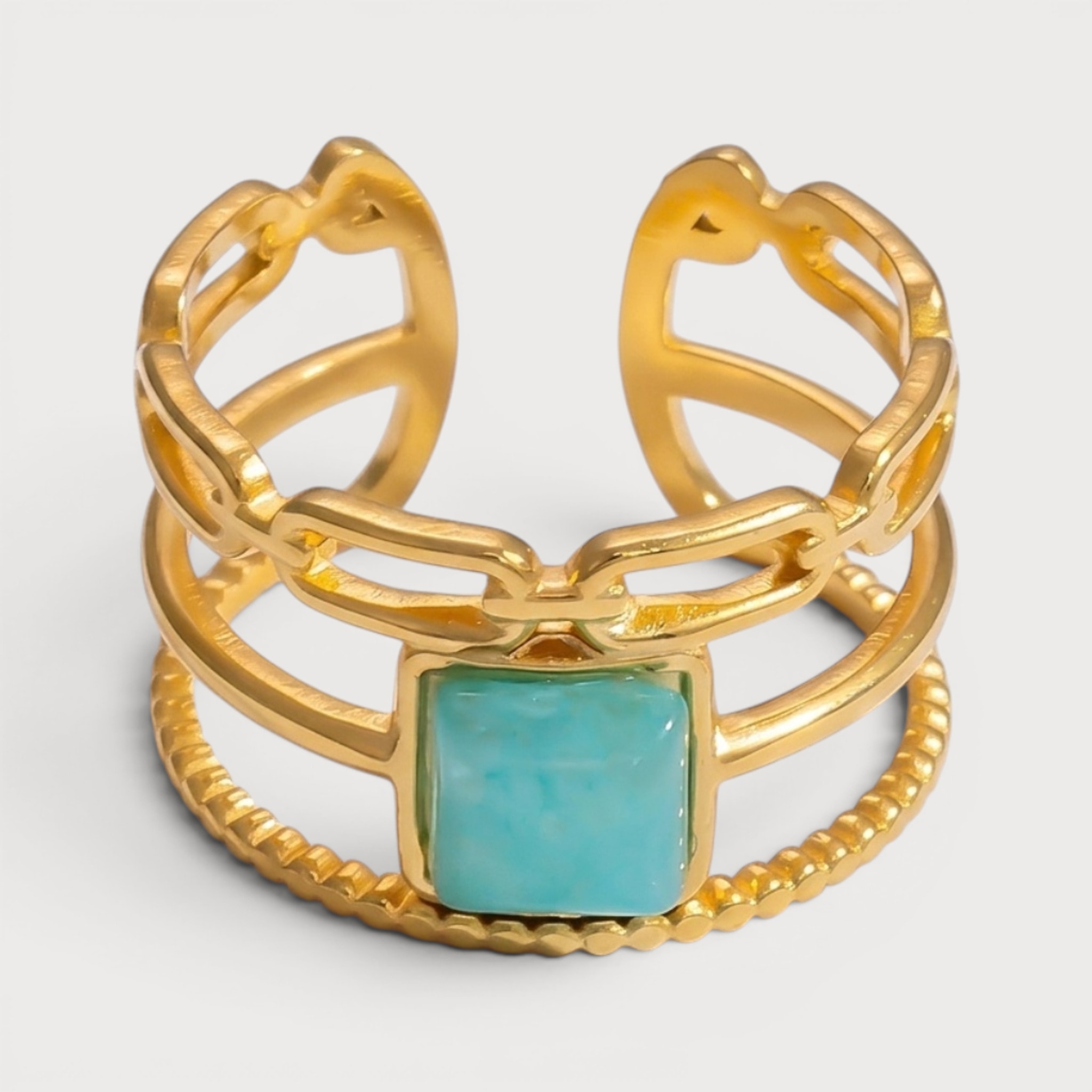 Bague manchette pierre carrée turquoise en acier doré | Bloom × Blaze