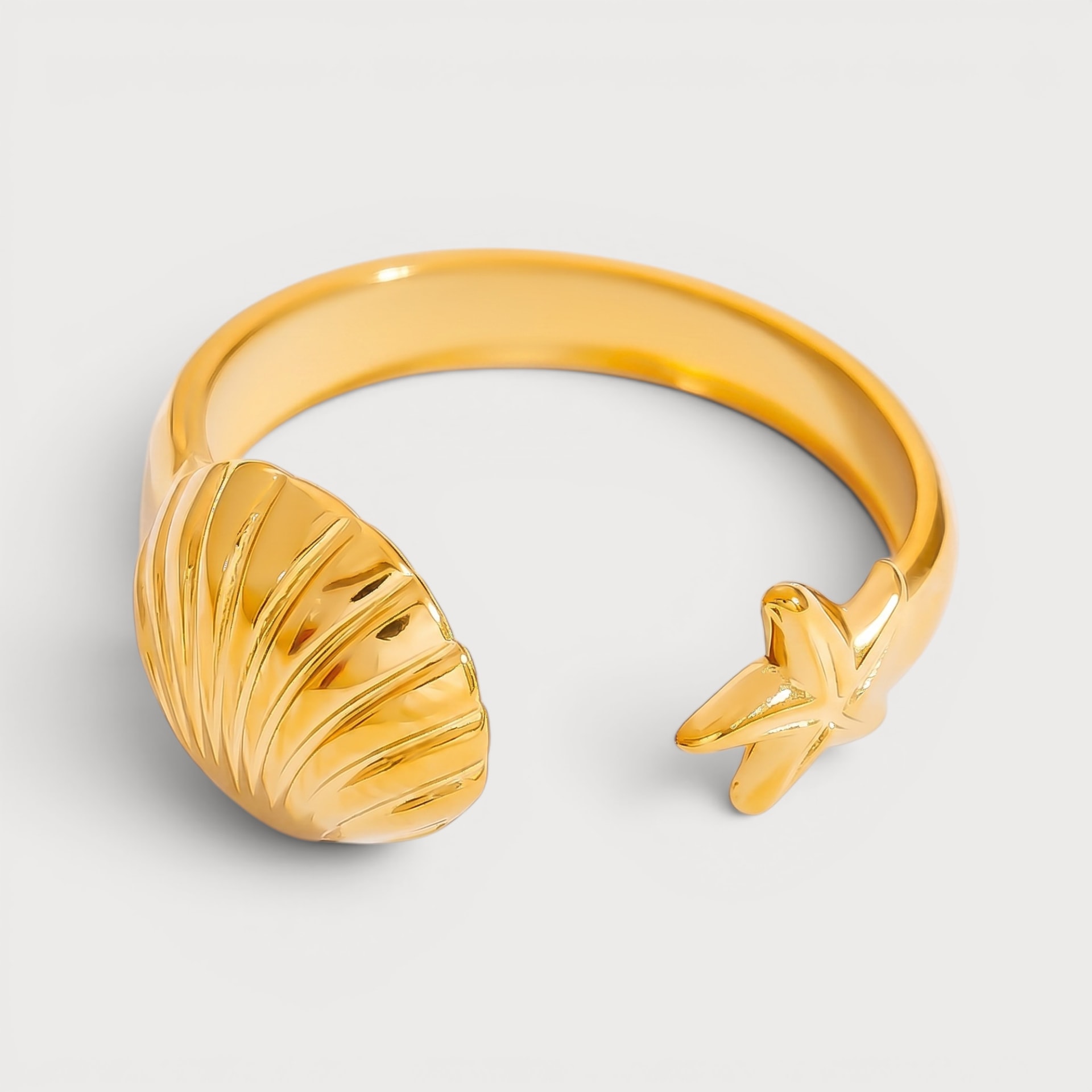 Bague coquillage et étoile de mer en acier inoxydable doré