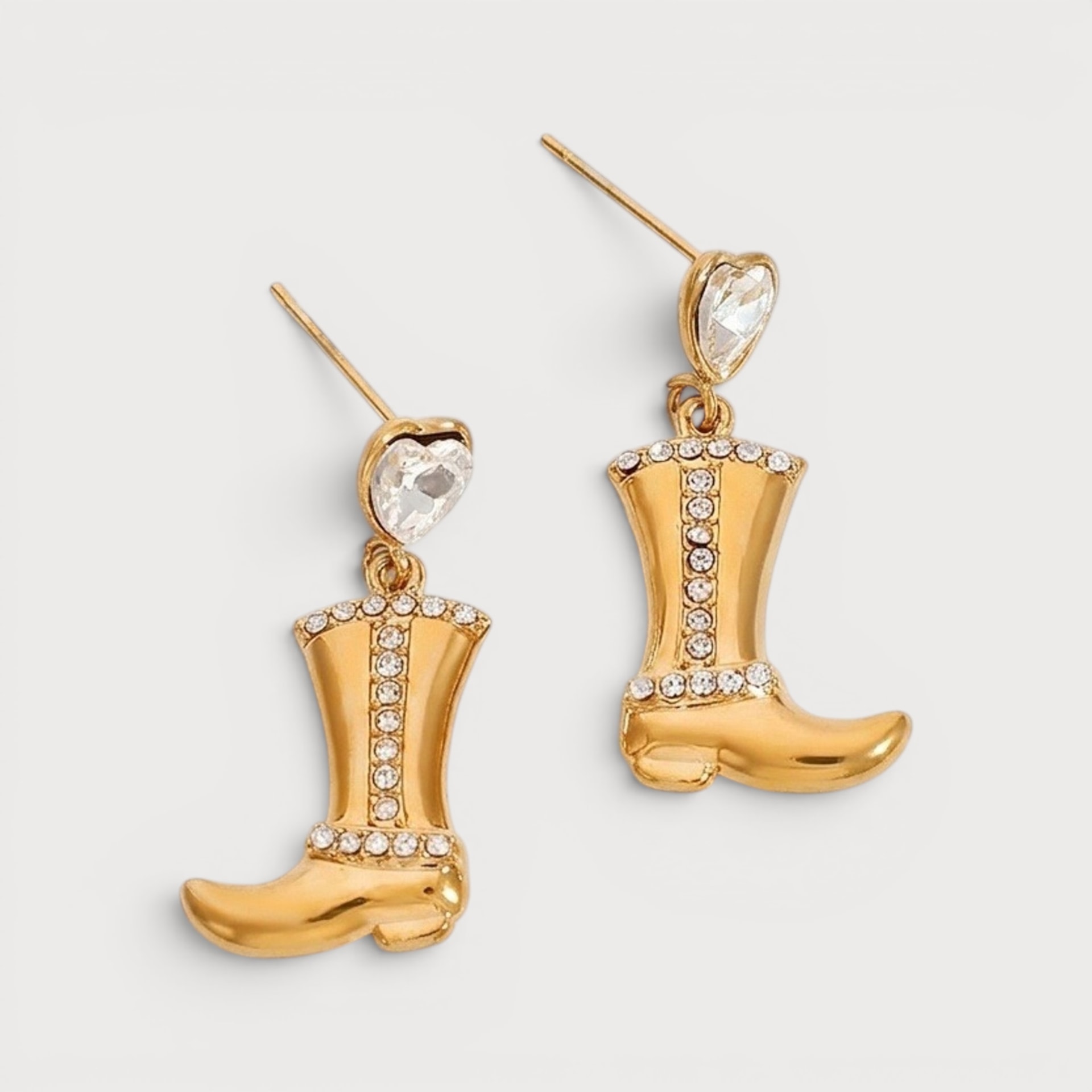 Boucles d’oreilles cœur et bottine strassées en acier inoxydable doré