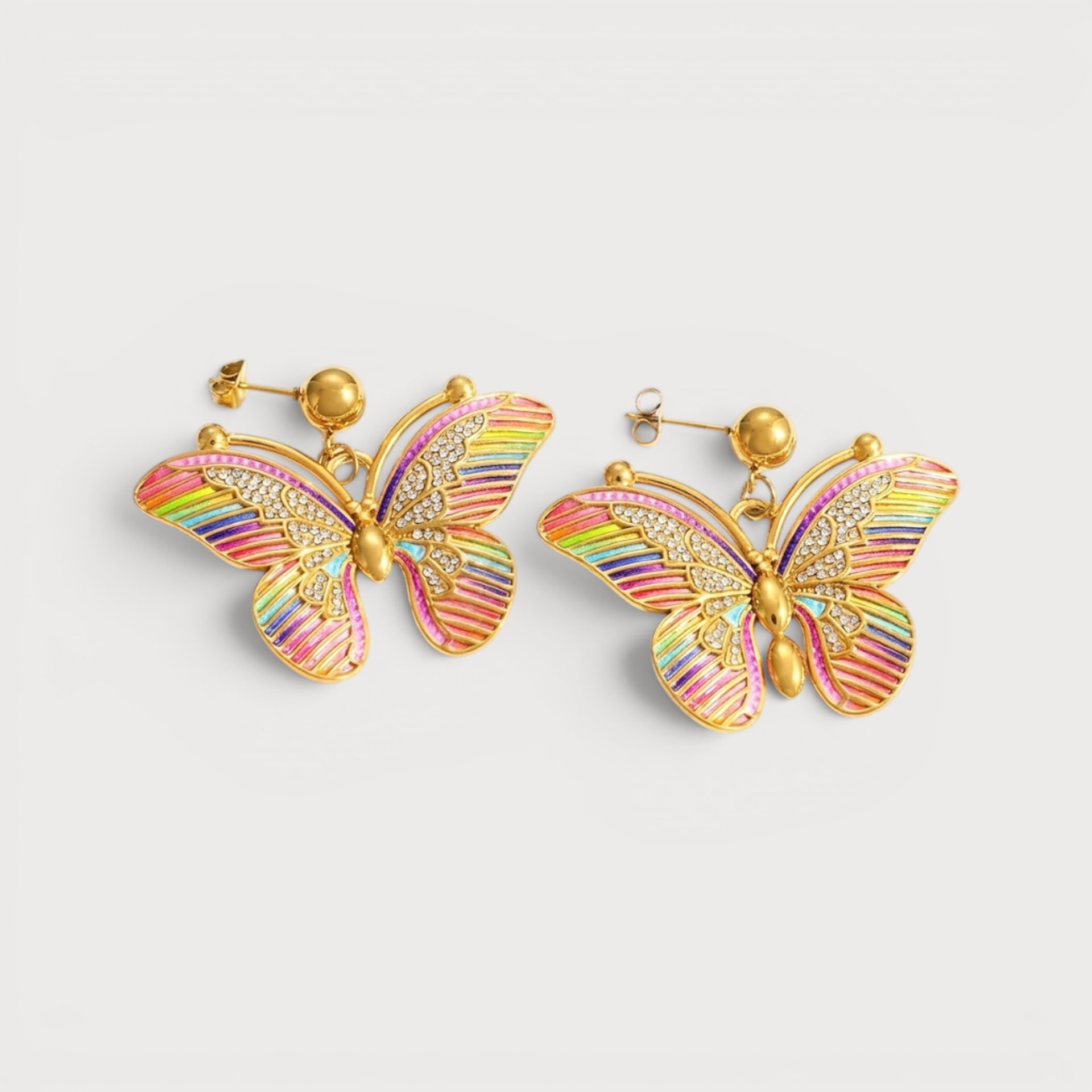 Boucles d’oreilles papillons émaillés et pierres claires en acier inoxydable