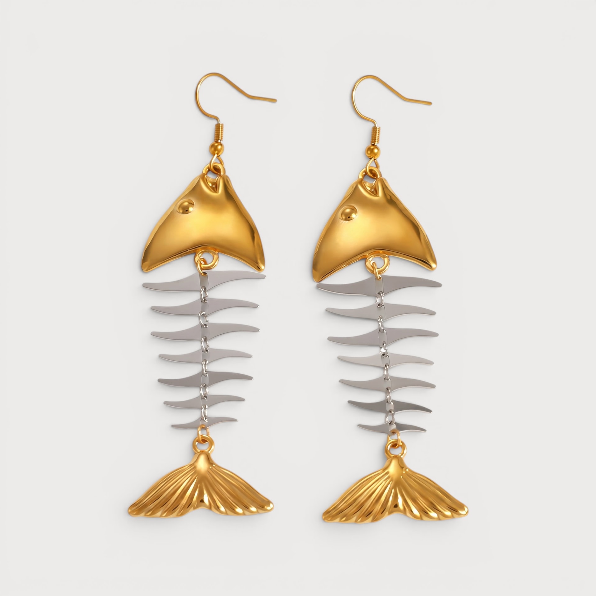 Boucles d’oreilles pendantes arête de poisson bicolore, acier inoxydable