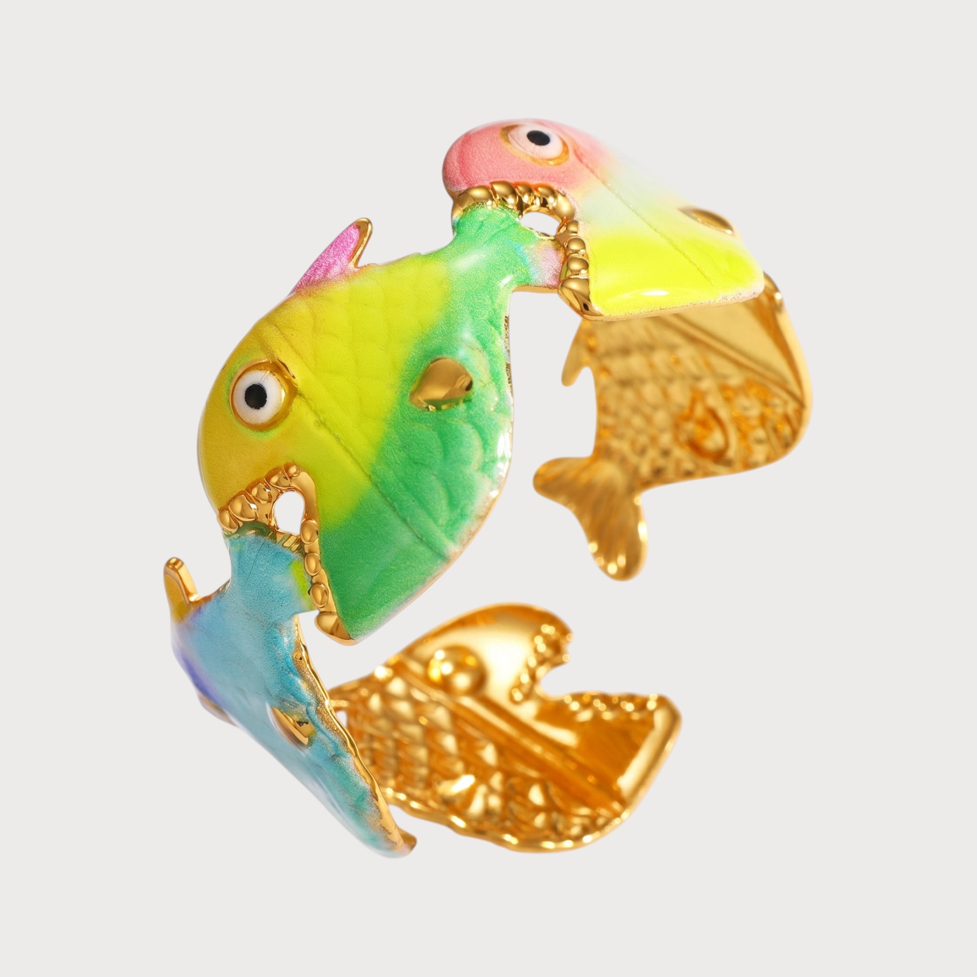 Bracelet manchette poissons émaillés dégradés en acier inoxydable doré