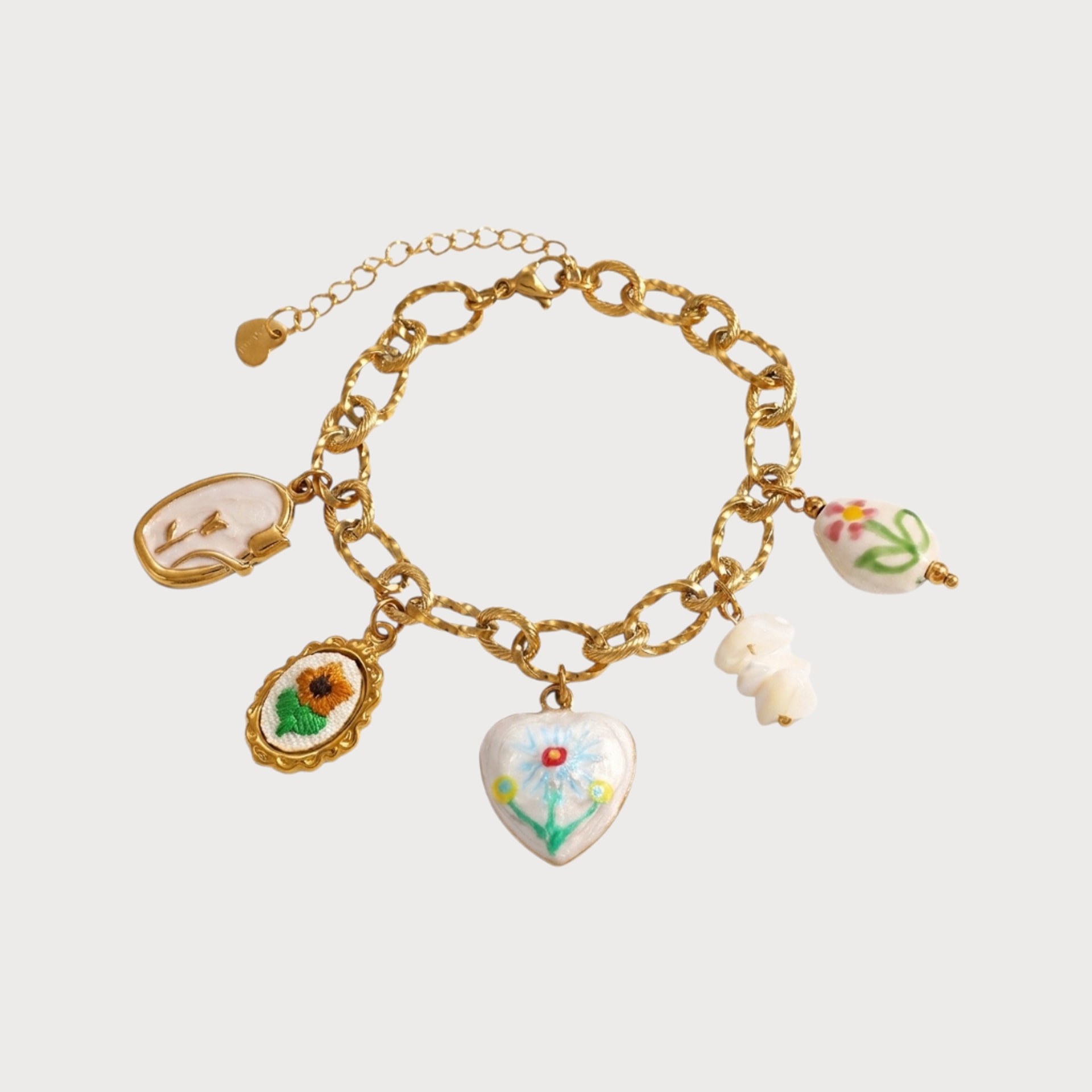 Bracelet à breloques et fleurs en acier inoxydable doré