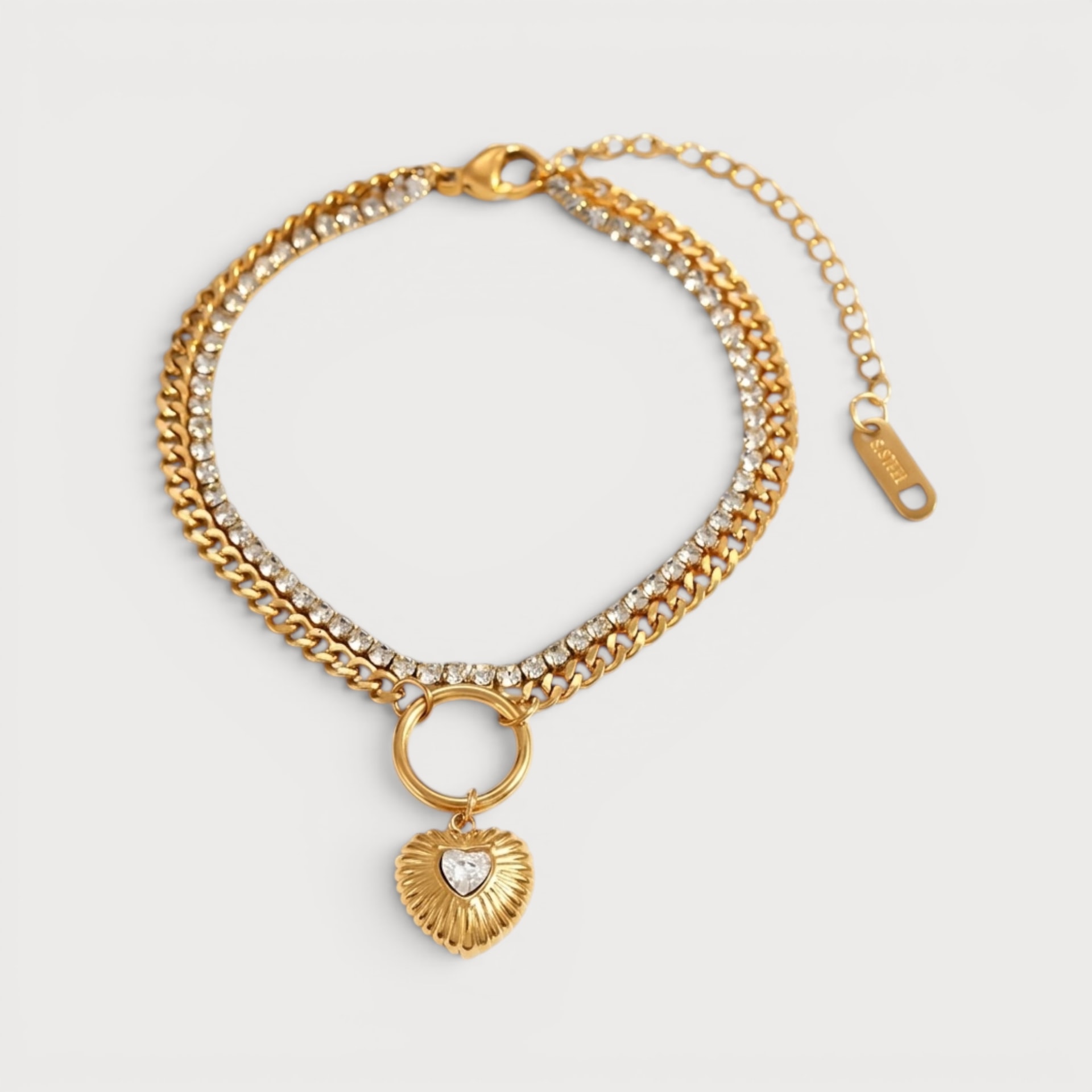 Bracelet Giorgia doré à double chaîne et cœur strié au centre brillant
