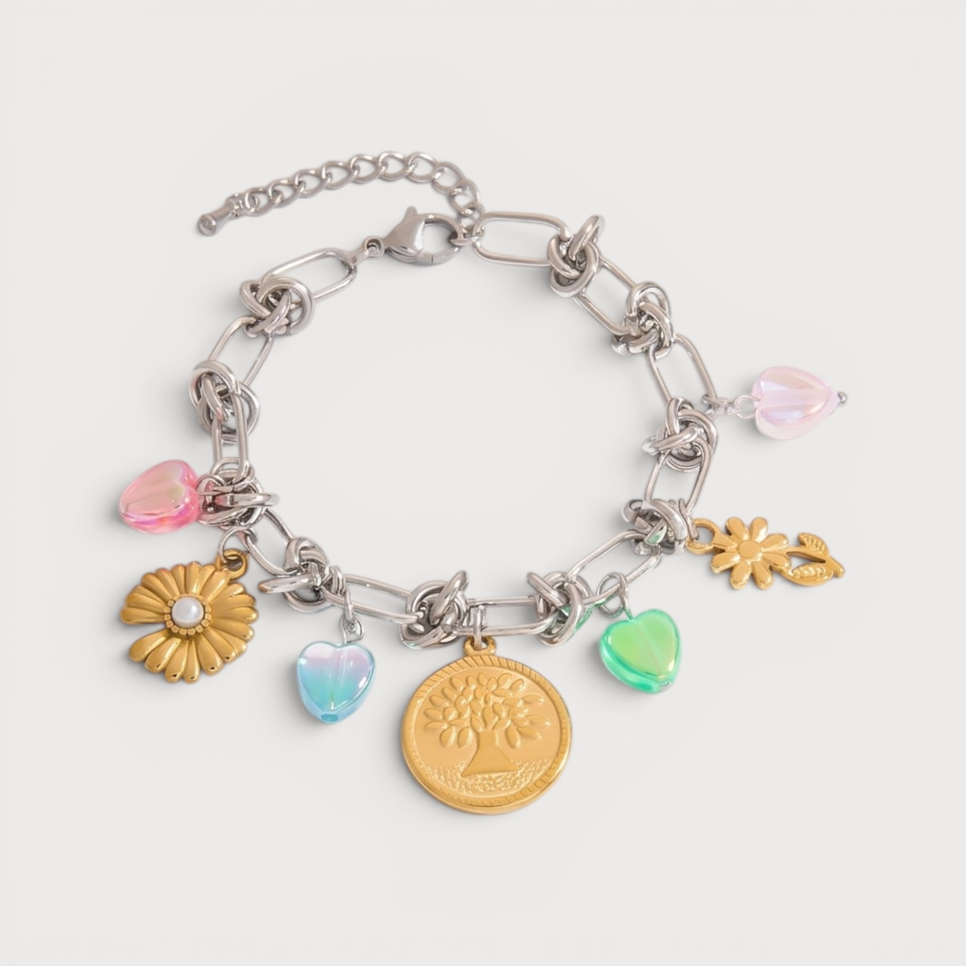 Bracelet cœurs irisés, fleurs et médaillon arbre de vie bicolore