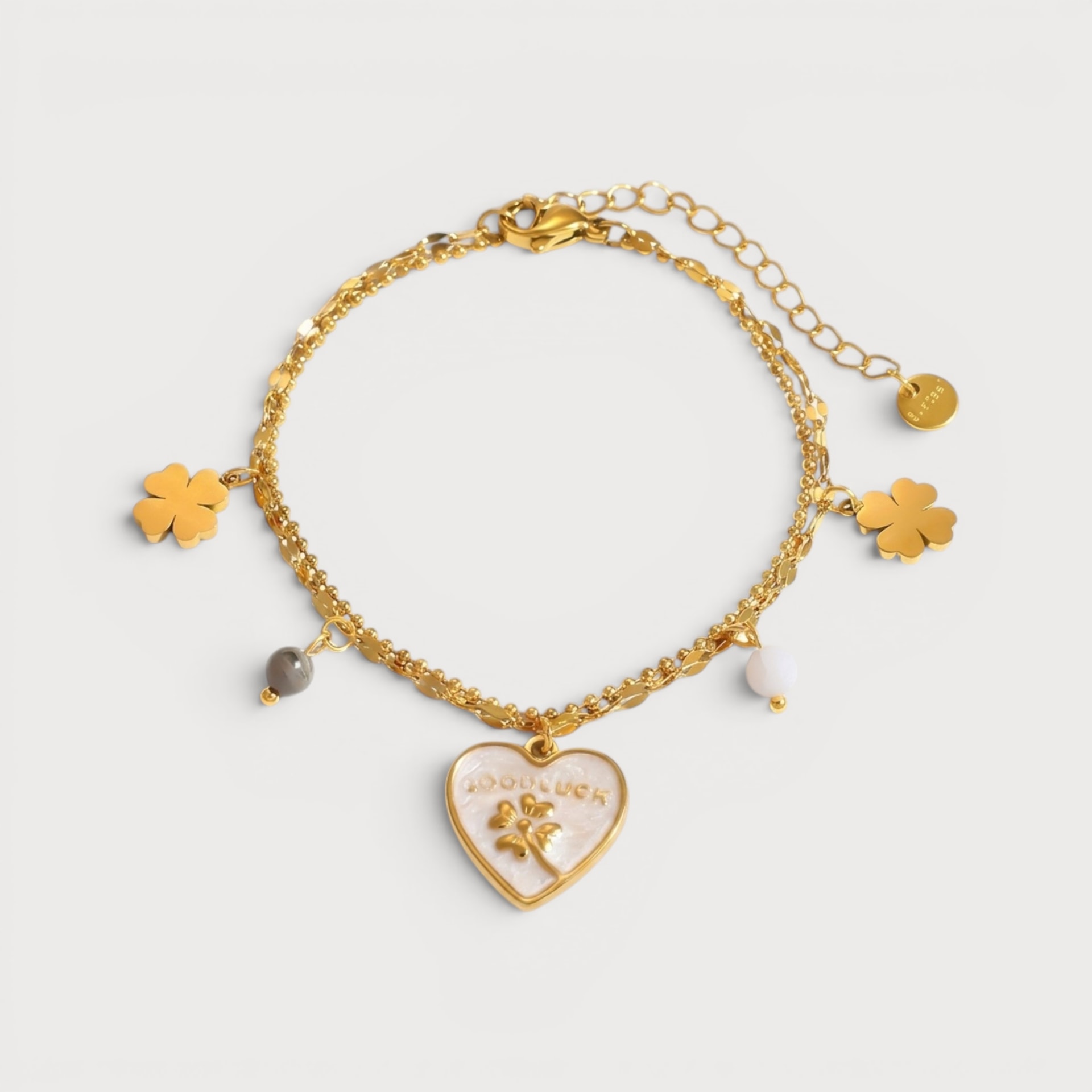 Bracelet double chaîne trèfles et cœur porte-bonheur en acier inoxydable