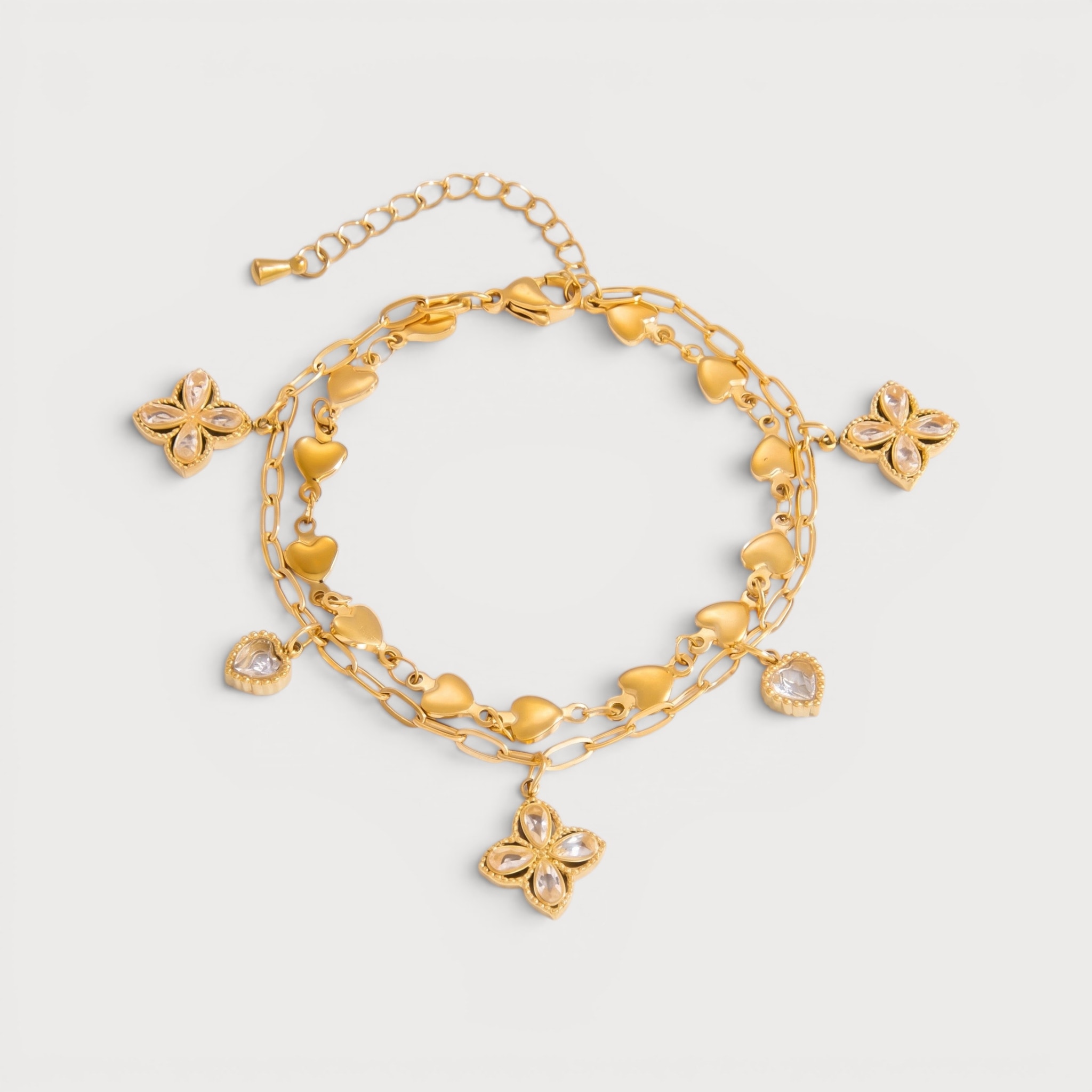 Bracelet double rang cœurs et trèfles sertis en acier doré | Bloom × Blaze