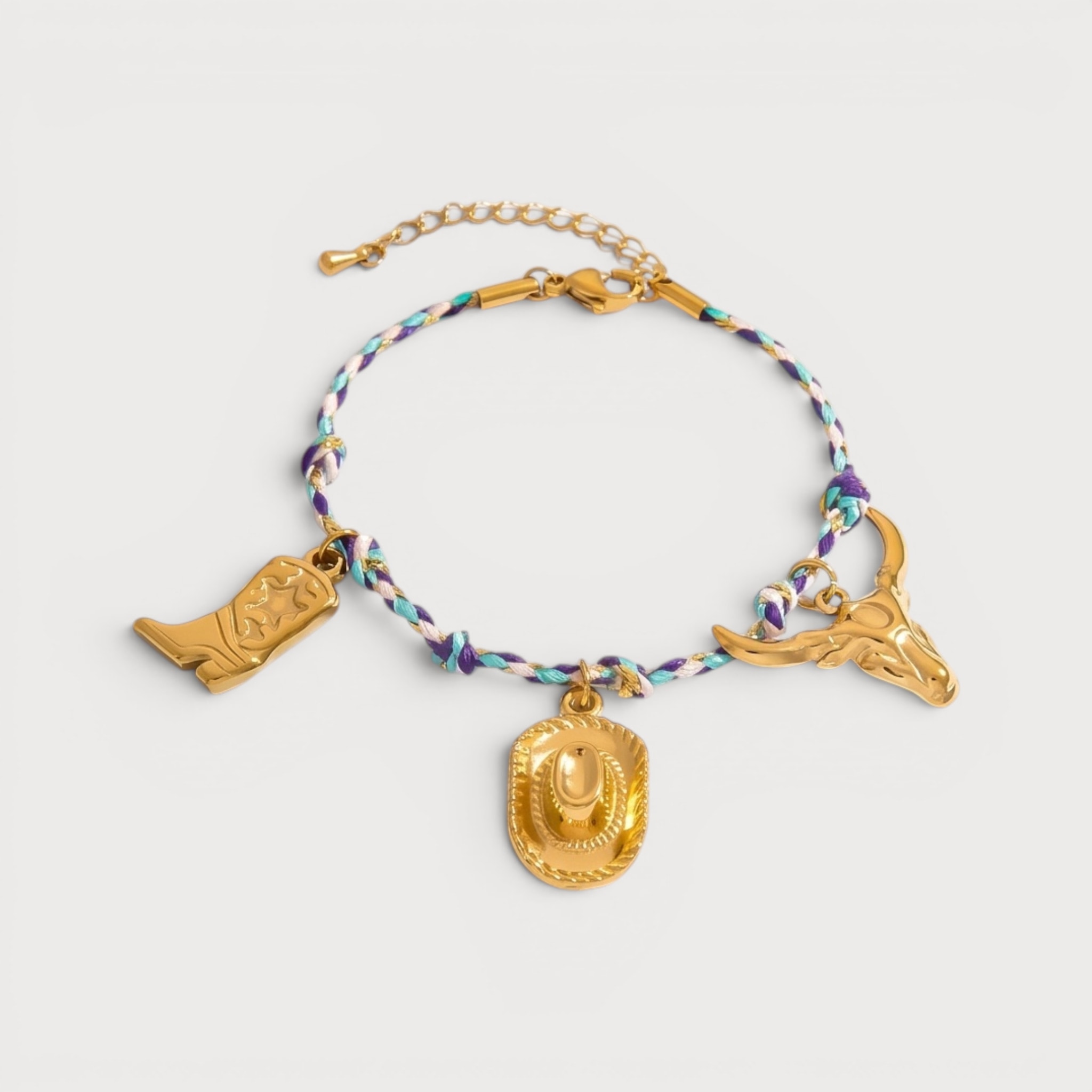 Bracelet cordon tressé breloques western en acier inoxydable doré | Bloom × Blaze
