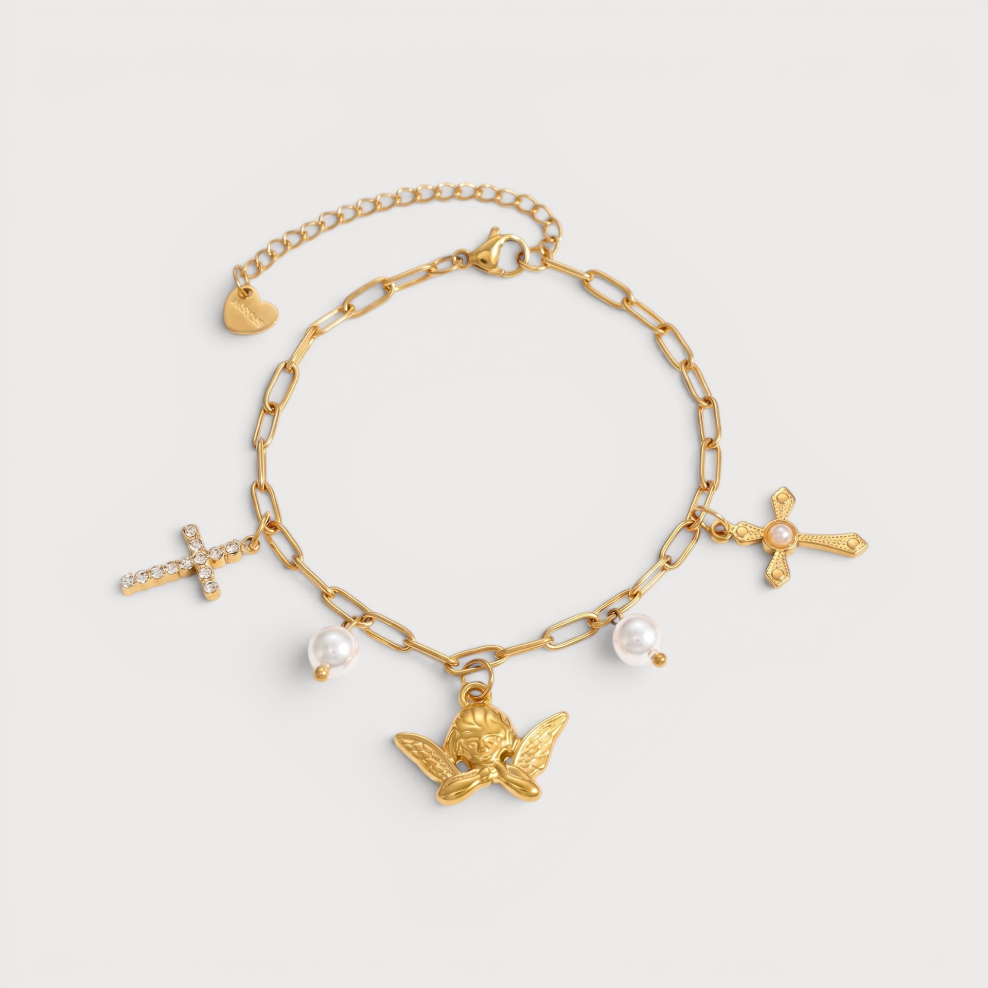 Bracelet charms croix et chérubin en acier inoxydable doré