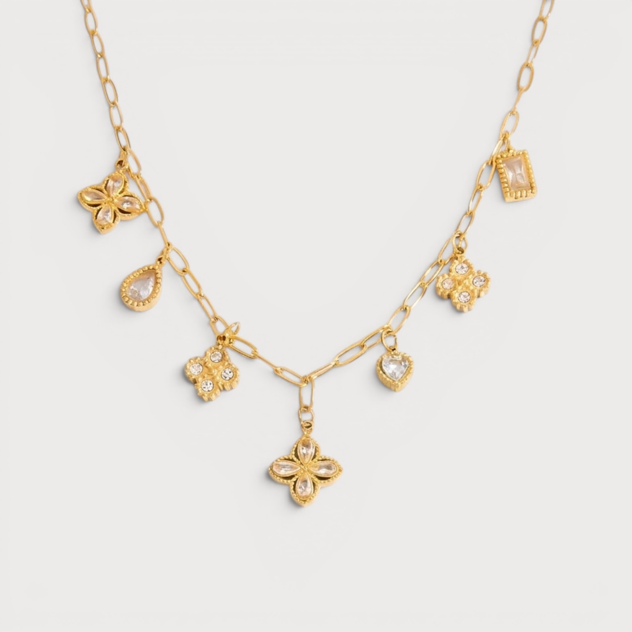 Collier trombone et charms trèfles sertis en acier doré | Bloom × Blaze