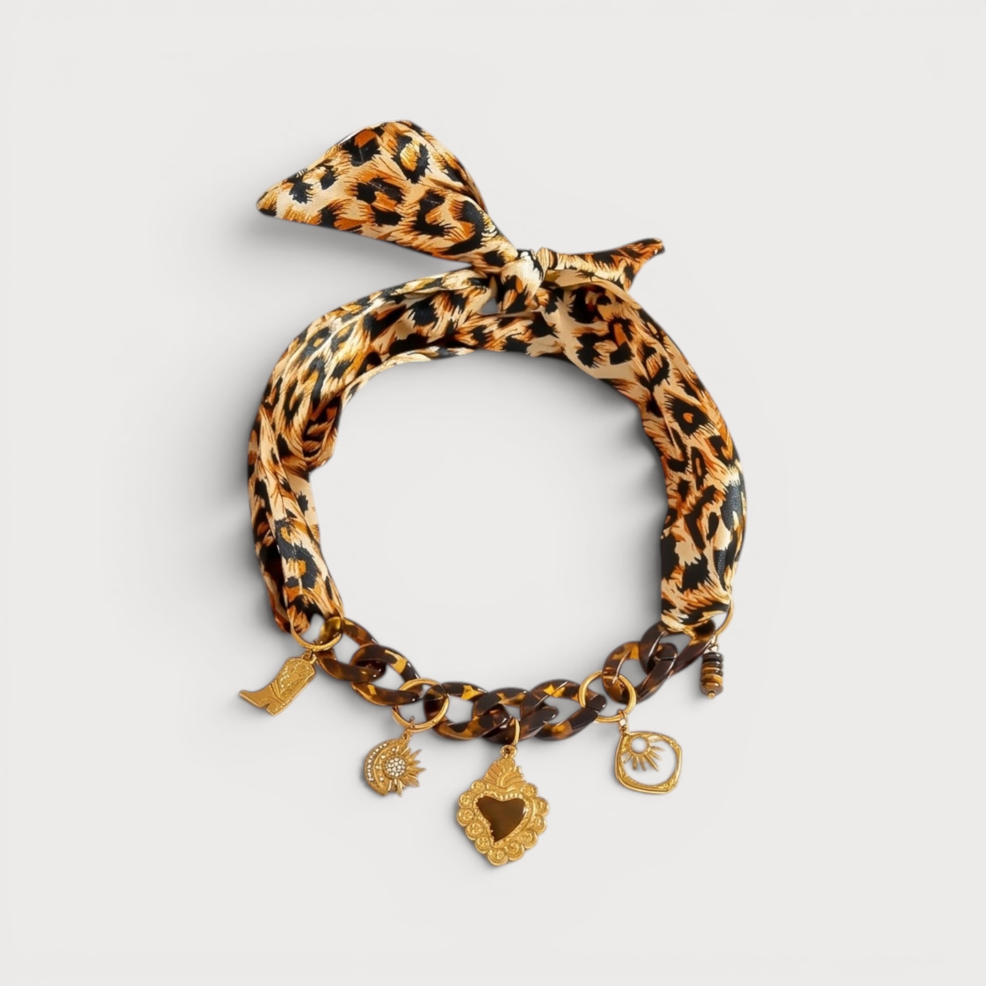 Collier foulard léopard breloques lune et bottine en acier inoxydable doré