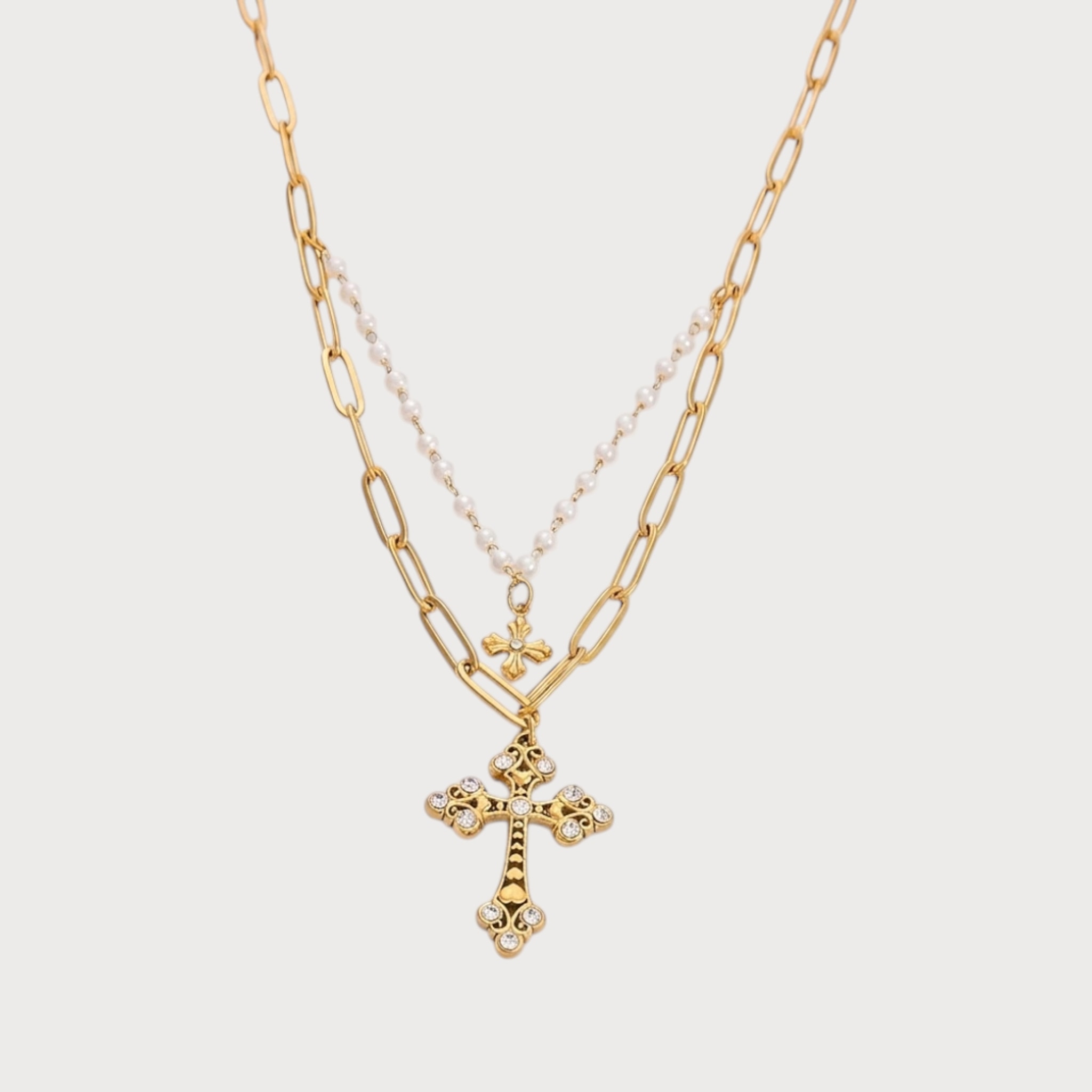 Collier double rang à perles et croix en acier inoxydable doré | Bloom × Blaze