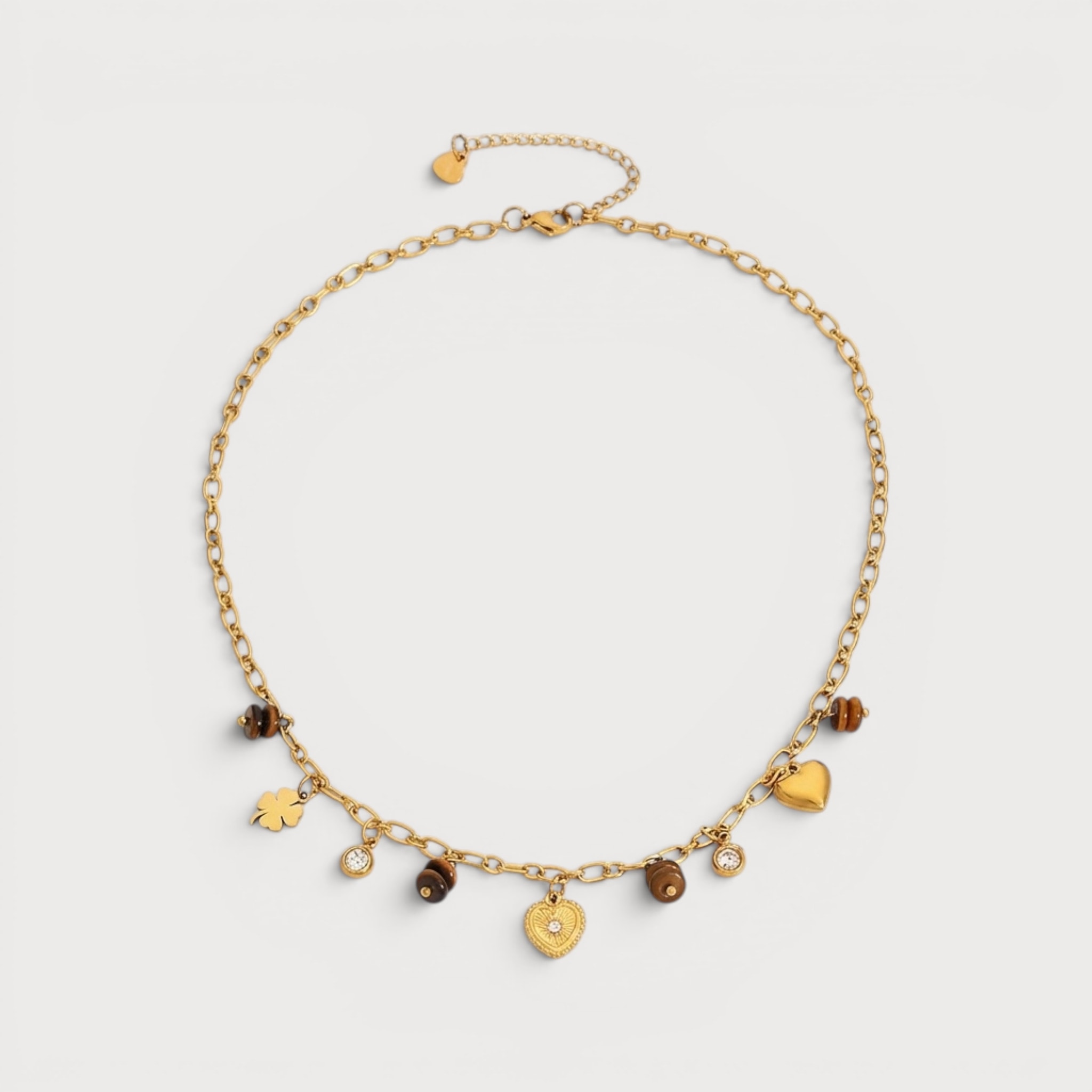 Collier cœurs, trèfle et perles œil-de-tigre en acier inoxydable doré | Bloom × Blaze