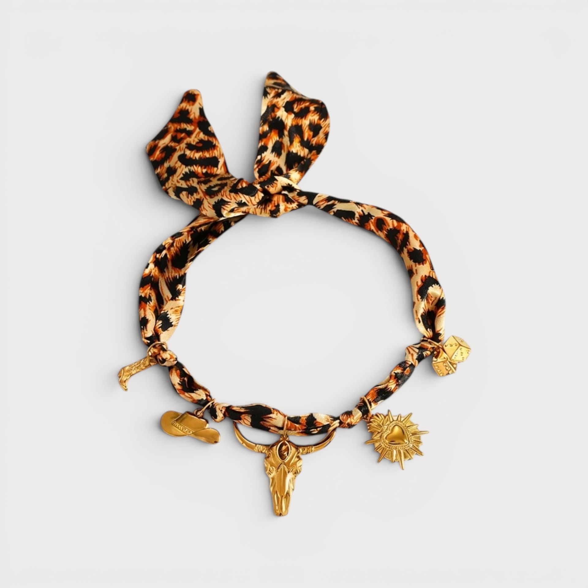 Collier léopard breloques crâne et bottine en acier inoxydable doré