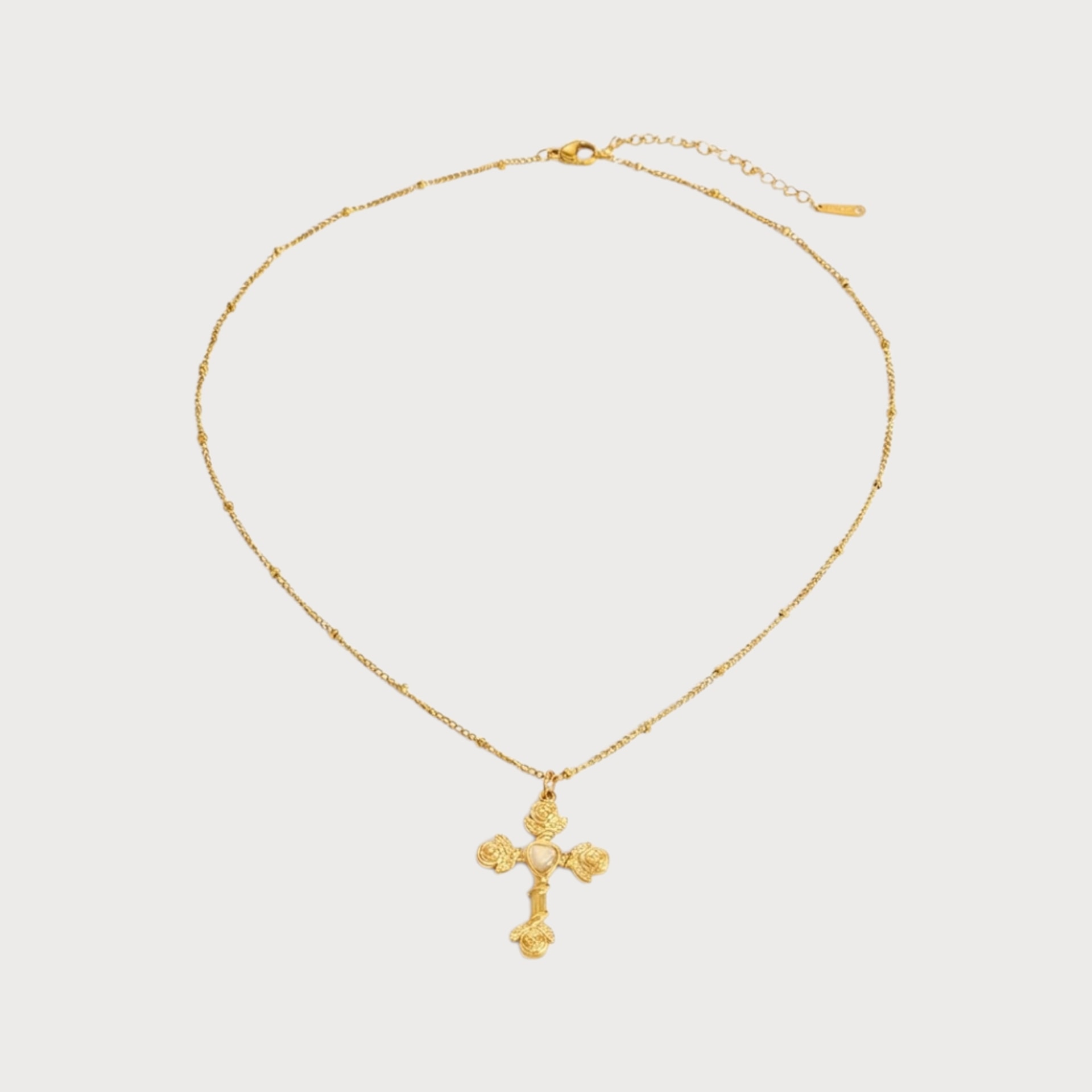 Collier croix aux roses et cœur crème en acier inoxydable doré